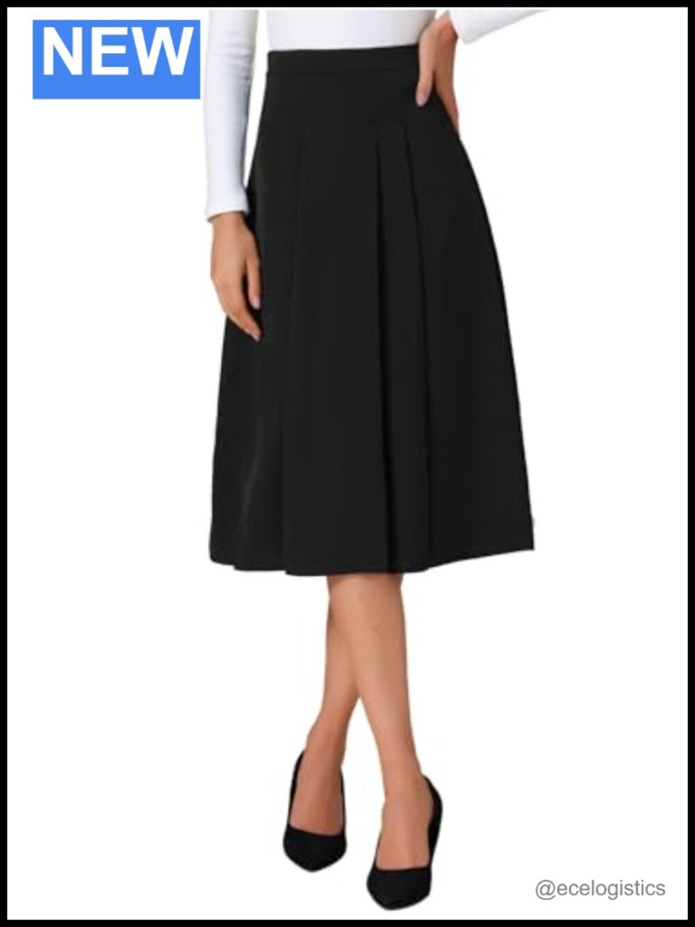 Women's High Waist A-Line Pleated Midi Work Skirt Side Zip Lined